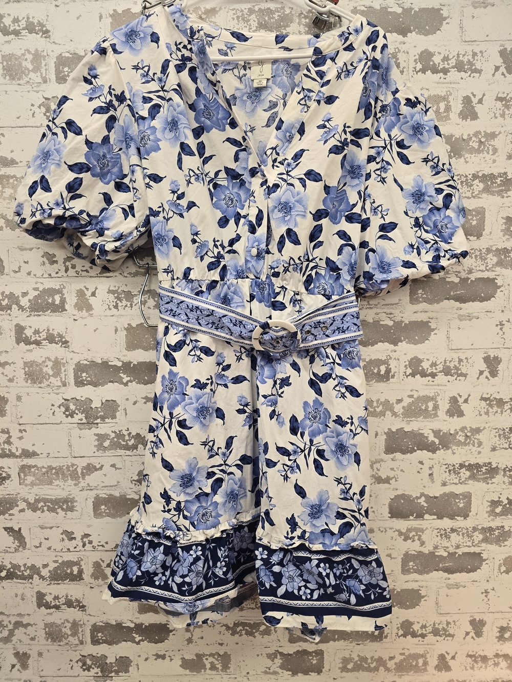 Floral V-Neck Mini Dress in White and Blue with Belt